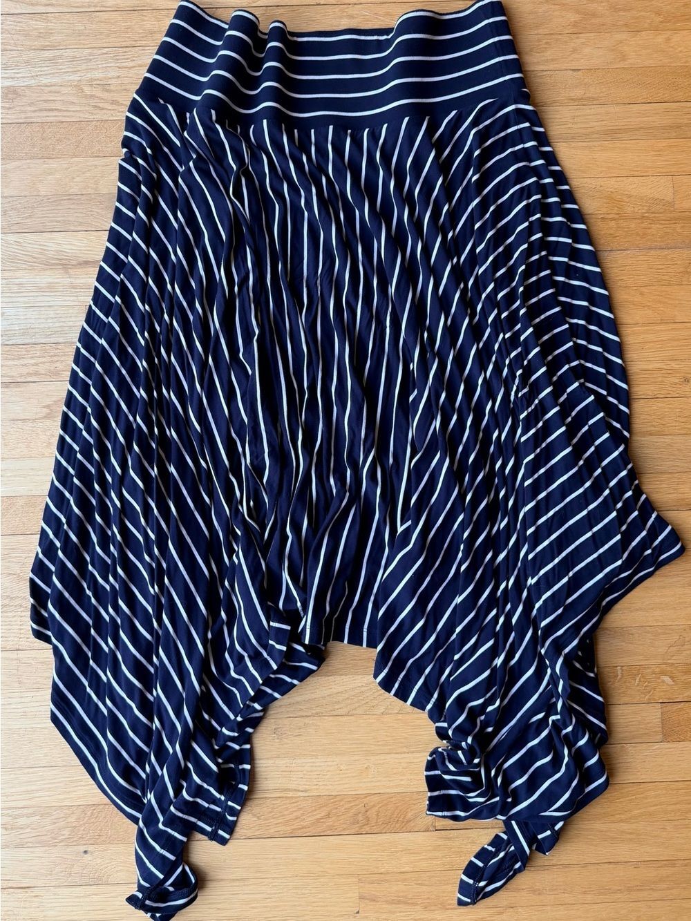 CAbi Twirl Navy and White Striped Asymmetrical Handkerchief Midi Skirt 96% Rayon